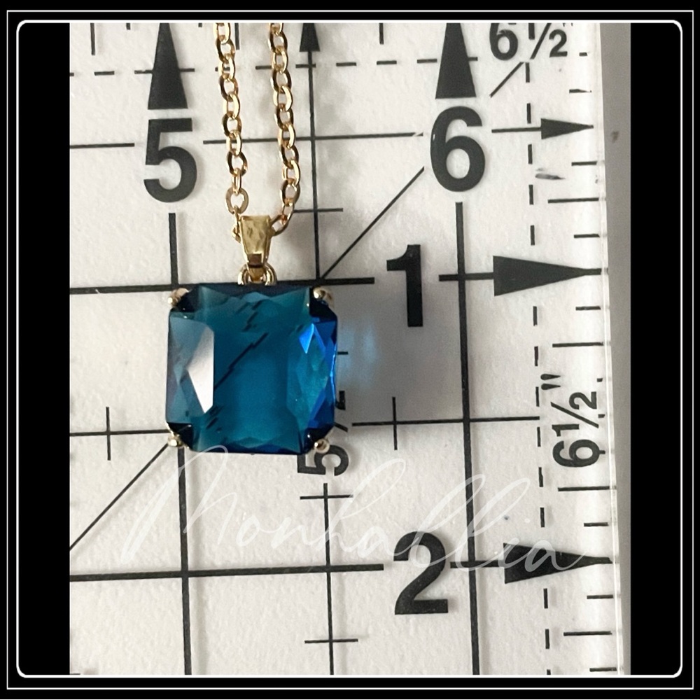 NEW 14K GOLD BLUE SAPPHIRE SQUARE CHUNKY STATEMENT NECKLACE - Picture 6 of 6